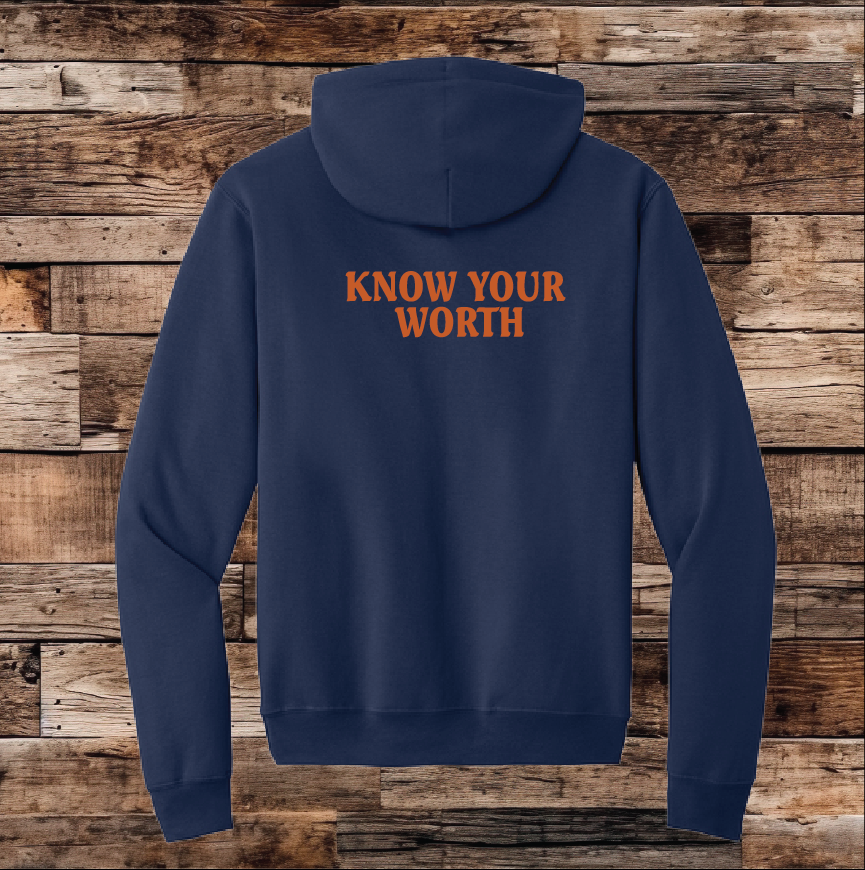 Our signature "Know Your Worth" cozy fleece hoodie