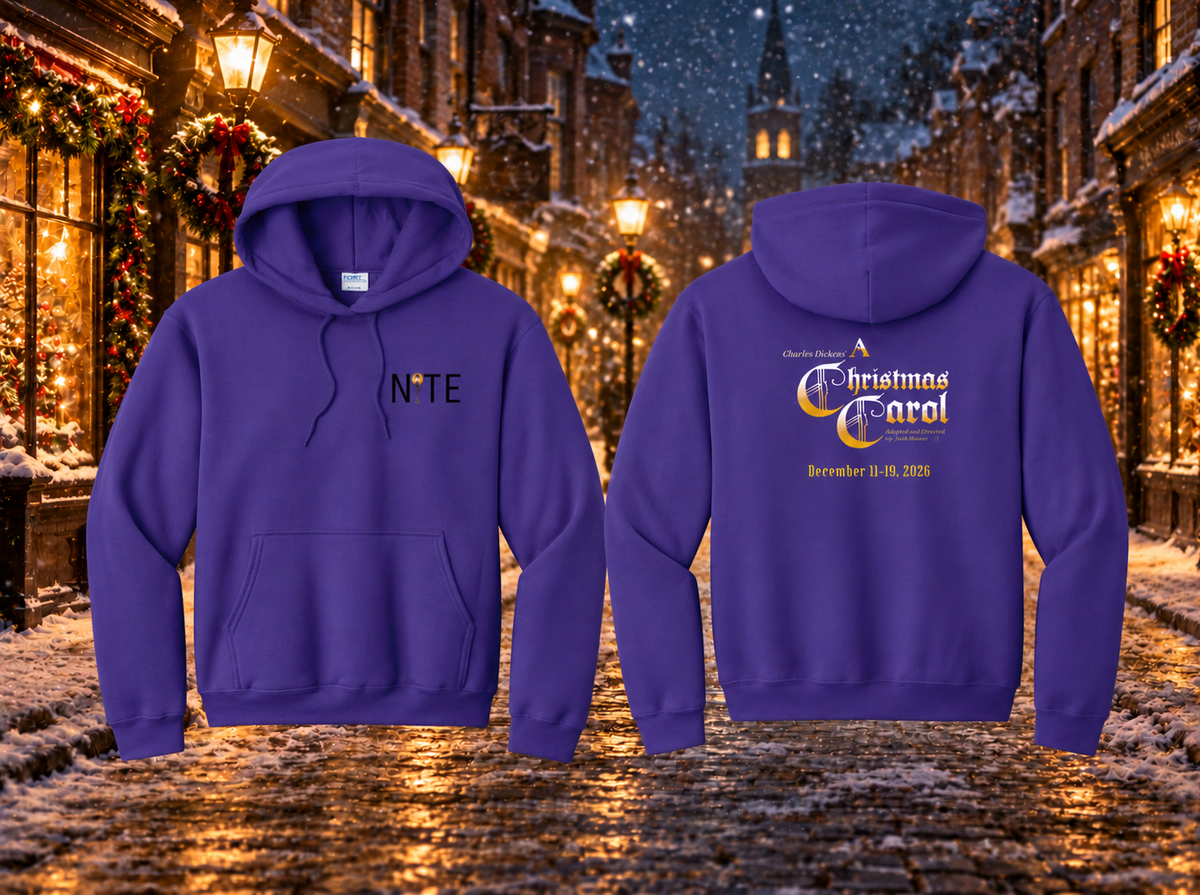 Purple hooded sweatshirt with the NITE theatre logo on the front and A Christmas Carol production logo on the back with snowy holiday street background