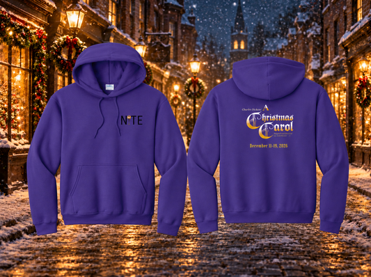 Purple hooded sweatshirt with the NITE theatre logo on the front and A Christmas Carol production logo on the back with snowy holiday street background